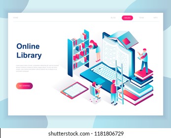 Modern flat design isometric concept of Online Library for banner and website. Isometric landing page template. Technology and literature, digital culture on media library. Vector illustration.