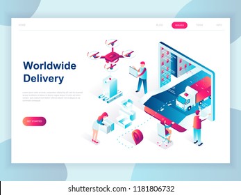 Modern flat design isometric concept of Worldwide Delivery for banner and website. Isometric landing page template. Warehouse, truck, forklift, courier, drone and delivery man. Vector illustration.