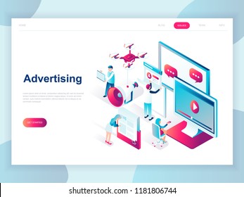 Modern flat design isometric concept of Advertising and Promotion for banner and website. Isometric landing page template. Social media campaign, marketing research. Vector illustration.