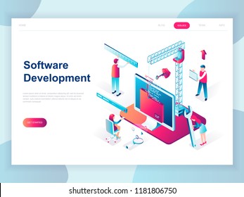 Modern flat design isometric concept of Software Development for banner and website. Isometric landing page template. Developing programming and coding technologies. Vector illustration.