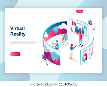 Modern flat design isometric concept of Virtual Augmented Reality for banner and website. Isometric landing page template. People wearing headset with touching vr interface. Vector illustration.