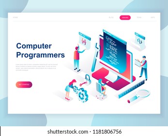 Modern flat design isometric concept of Computer Programmers for banner and website. Isometric landing page template. Developer of project team of engineers for website coding. Vector illustration.