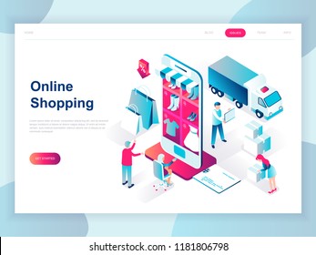 Modern flat design isometric concept of Online Shopping for banner and website. Isometric landing page template. E-commerce market, shopping payment or customer support. Vector illustration.