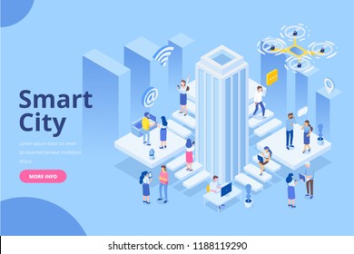 Modern flat design isometric concept of Smart City. Business center with skyscraper. Different people with gadgets. Flat Vector illustration for banner and website.