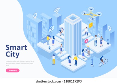 Modern flat design isometric concept of Smart City. Business center with skyscraper. Different people with gadgets. Flat Vector illustration for banner and website.