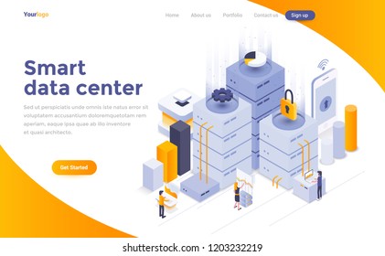 Modern Flat Design Isometric Concept Of Smart Data Center For Website And Mobile Website.Young People Work Together. Landing Page Template. Easy To Edit And Customize. Vector Illustration