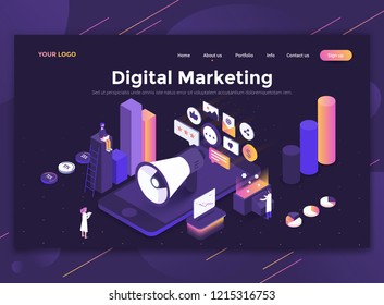 Modern flat design isometric concept of Digital Marketing for website and mobile website. Landing page template, dark theme. Easy to edit and customize. Vector illustration