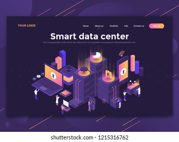 Modern Flat Design Isometric Concept Of Smart Data Center For Website And Mobile Website. Landing Page Template, Dark Theme. Easy To Edit And Customize. Vector Illustration