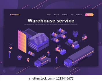 Modern flat design isometric concept of Warehouse service for website and mobile website. Landing page template, dark theme. Easy to edit and customize. Vector illustration