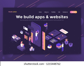 Modern flat design isometric concept of We build apps and websites for website and mobile website. Landing page template, dark theme. Easy to edit and customize. Vector illustration