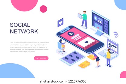 Modern flat design isometric concept of Social Network for banner and website. Isometric landing page template. Virtual communication and media sharing. Vector illustration.