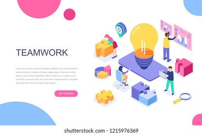 Diseño plano moderno concepto isométrico de Teamwork para banners y sitios web. Plantilla de página de inicio isométrica. Gestión empresarial, comunicación en línea y finanzas. Ilustración vectorial.