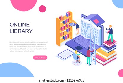 Modern flat design isometric concept of Online Library for banner and website. Isometric landing page template. Technology and literature, digital culture on media library. Vector illustration.