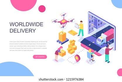 Modern flat design isometric concept of Worldwide Delivery for banner and website. Isometric landing page template. Warehouse, truck, forklift, courier, drone and delivery man. Vector illustration.