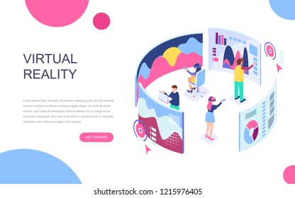 Modern flat design isometric concept of Virtual Augmented Reality for banner and website. Isometric landing page template. People wearing headset with touching vr interface. Vector illustration.