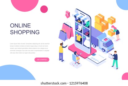 Modern flat design isometric concept of Online Shopping for banner and website. Isometric landing page template. E-commerce market, shopping payment or customer support. Vector illustration.