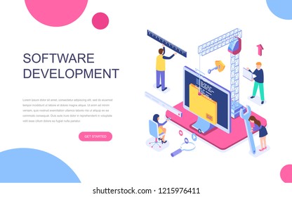 Modern flat design isometric concept of Software Development for banner and website. Isometric landing page template. Developing programming and coding technologies. Vector illustration.
