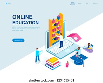 Modern flat design isometric concept of Online Education decorated people character for website and mobile website development. Isometric landing page template. Vector illustration.