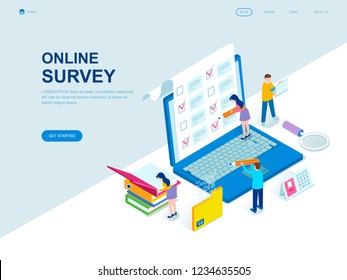 Modern flat design isometric concept of Online Survey decorated people character for website and mobile website development. Isometric landing page template. Vector illustration.