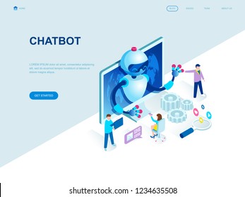 Diseño plano moderno concepto isométrico de Chat Bot y Marketing decorado personajes para el desarrollo de sitios web y móviles. Plantilla de página de inicio isométrica. Ilustración vectorial.