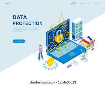 Modern flat design isometric concept of Data Protection decorated people character for website and mobile website development. Isometric landing page template. Vector illustration.