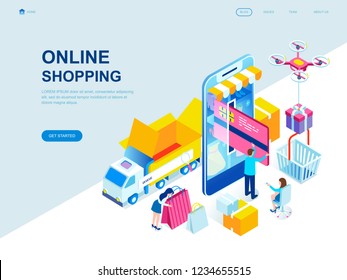 Modern flat design isometric concept of Online Shopping decorated people character for website and mobile website development. Isometric landing page template. Vector illustration.