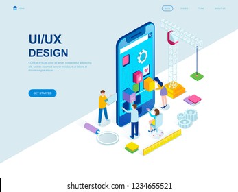 Modern flat design isometric concept of UX and UI Design decorated people character for website and mobile website development. Isometric landing page template. Vector illustration.