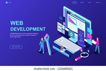 Modern flat design isometric concept of Web Development decorated people character for website and mobile website development. Isometric landing page template. Vector illustration.