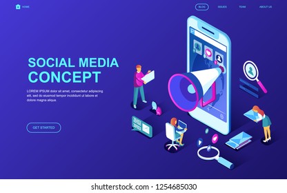 Modern flat design isometric concept of Social Media decorated people character for website and mobile website development. Isometric landing page template. Vector illustration.