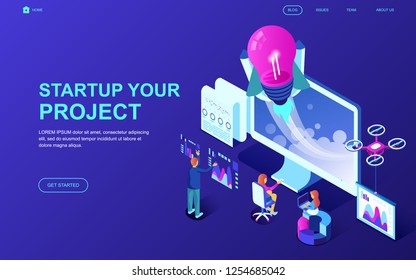 Modern flat design isometric concept of Startup Your Project decorated people character for website and mobile website development. Isometric landing page template. Vector illustration.