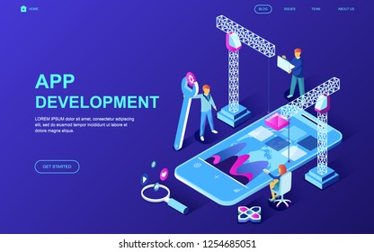 Modern flat design isometric concept of App Development decorated people character for website and mobile website development. Isometric landing page template. Vector illustration.