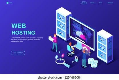 Modern flat design isometric concept of Web Hosting decorated people character for website and mobile website development. Isometric landing page template. Vector illustration.