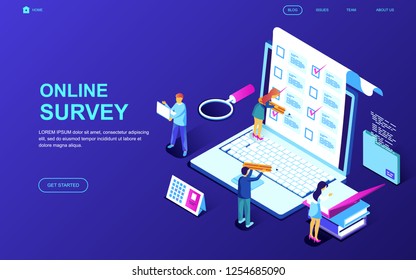 Modern flat design isometric concept of Online Survey decorated people character for website and mobile website development. Isometric landing page template. Vector illustration.