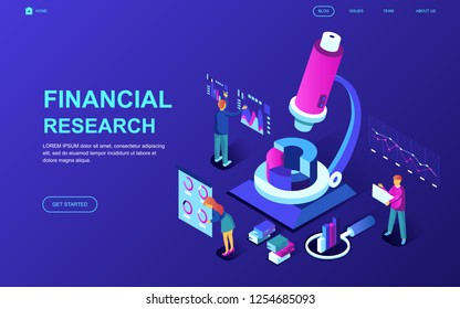 Modern flat design isometric concept of Financial Research decorated people character for website and mobile website development. Isometric landing page template. Vector illustration.