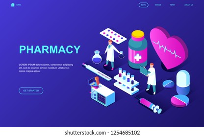 Modern flat design isometric concept of Pharmacist in Pharmacy decorated people character for website and mobile website development. Isometric landing page template. Vector illustration.