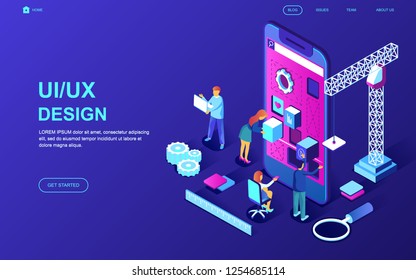 Modern flat design isometric concept of UX, UI Design decorated people character for website and mobile website development. Isometric landing page template. Vector illustration.
