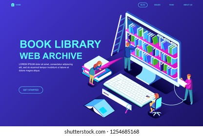 Modern flat design isometric concept of Book Library decorated people character for website and mobile website development. Isometric landing page template. Vector illustration.