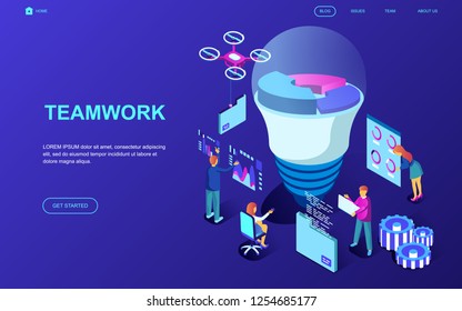 Modern flat design isometric concept of Teamwork decorated people character for website and mobile website development. Isometric landing page template. Vector illustration.