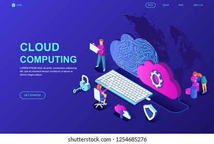 Modern flat design isometric concept of Cloud Technology decorated people character for website and mobile website development. Isometric landing page template. Vector illustration.