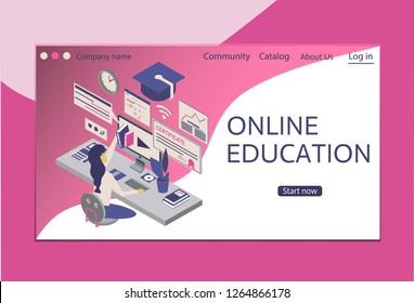  Modern flat design isometric concept of Online Education for website and mobile website.Web page design templates Landing page template. Easy to edit and customize. Vector