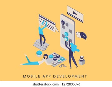 Modern flat design isometric concept of App Development for website and mobile website. Landing page template. Communication and technology idea. Easy to edit and customize. Vector illustratio