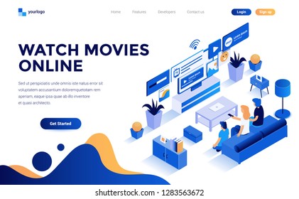 Modern flat design isometric concept of Watch Movies online for website and mobile website. Landing page template. Easy to edit and customize. Vector illustration