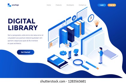 Modern flat design isometric concept of Digital Library for website and mobile website. Landing page template. Easy to edit and customize. Vector illustration