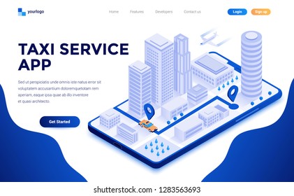 Modern flat design isometric concept of Taxi Service app for website and mobile website. Landing page template. Easy to edit and customize. Vector illustration