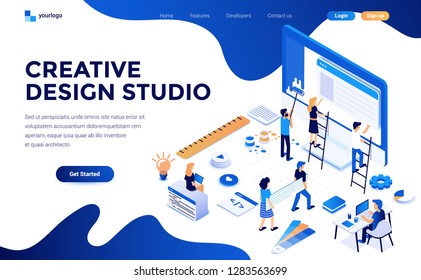 Diseño plano moderno concepto isométrico de diseño creativo estudio para sitio web y sitio web móvil. Plantilla de página de destino. Fácil de editar y personalizar. Ilustración del vector