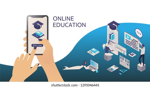 Modern flat design isometric concept of Online Education for website and mobile website with people at work, man and woman, laptop, phone and background. Vector illustration.