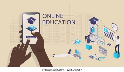 Modern flat design isometric concept of Online Education for website and mobile website with people at work, man and woman, laptop, phone and background with big city. Vector illustration.