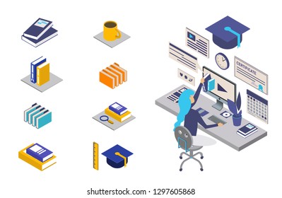 Modern flat design isometric concept of online education for website and mobile website with girl at work phone, laptop, books and many details. Easy to edit and customize. Vector illustration.
