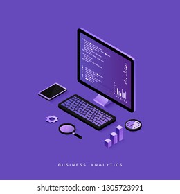 Modern flat design isometric concept of business analysis for website and mobile website. Design for presentation, landing page. 3d isometric flat design. Vector.