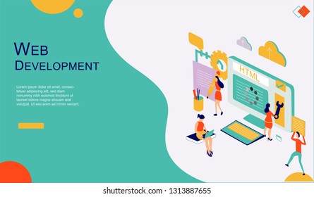 Modern flat design isometric concept of web development and mobile website. Landing page template. Vector.